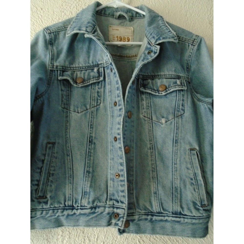 Women's Denim Jean Jacket Est 1989 Place Faded Distressed Girls Size Large